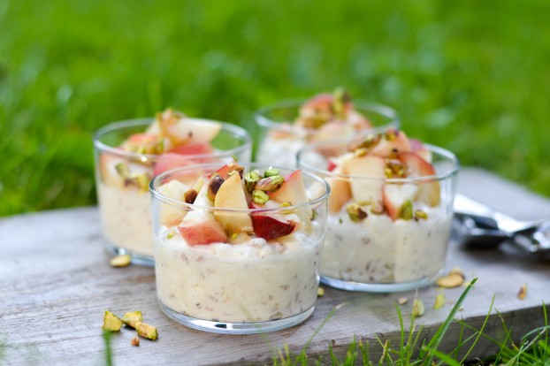 Creamy cottage cheese with pearls, peaches and pistachio