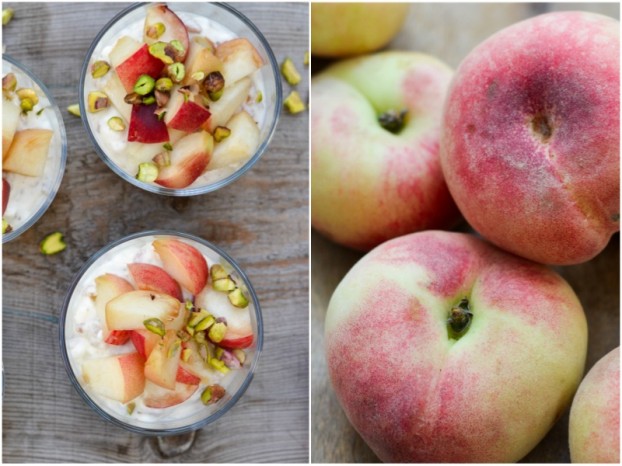 Creamy cottage cheese with pearls, peaches and pistachio