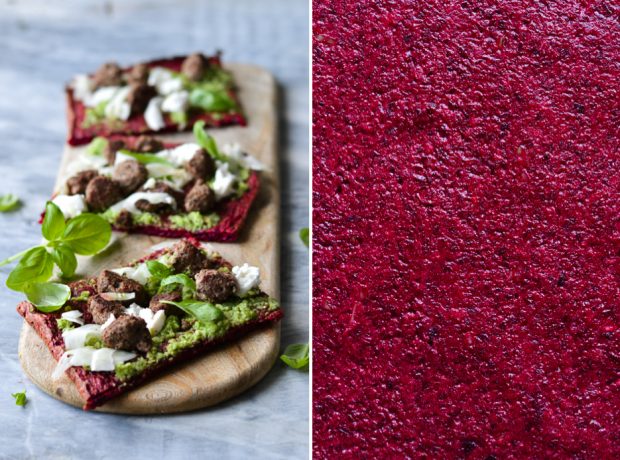 Beetroot pizza w. meatballs, pickled fennel and broccoli pesto - A tasty love story